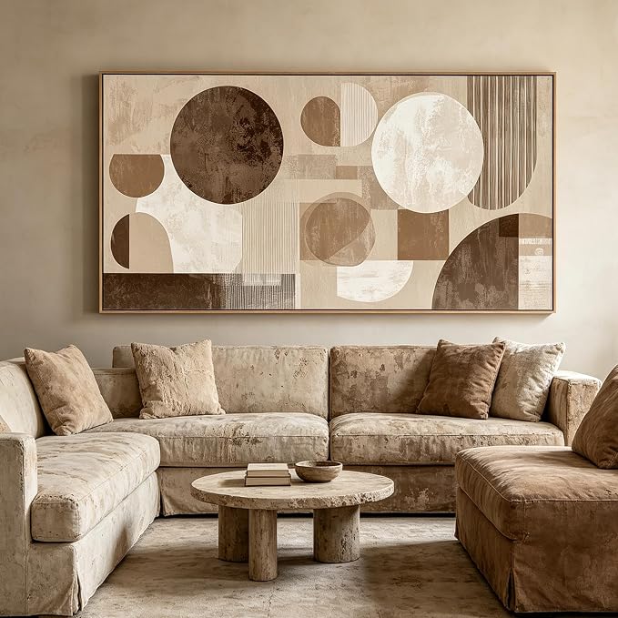 Sorbrozo Mid Century Modern Abstract Geometric Wall Art with Wood-Colored Frame Boho Sun and Moon Canvas Painting Neutral Earth Tone Pictures for Living Room Bedroom Home Office Indoor Decor 20x40 inch