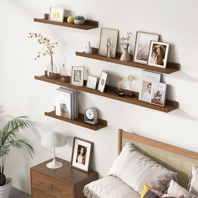 FLYJOE Picture Ledge Wall Shelves 48 Inches Width Set of 3, Solid Pine Wood Rustic Floating Ledge for Kids' Room Bedroom Kitchen Bathroom, Long Floating Shelves for Wall Decor, Walnut