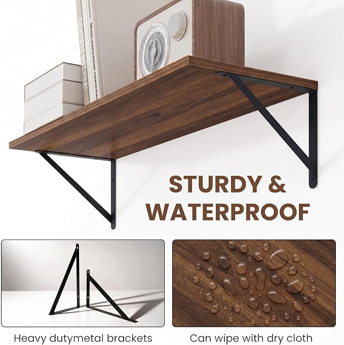 Vivelove 8 Inch Deep Floating Shelves for Wall, 24W x 8D Wood Wall Shelves Set of 3, Walnut Wide Floating Bookshelf for Living Room, Kitchen, Office, Bedroom, with Black Metal Bracke - Walnut