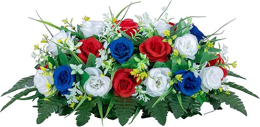 DONODA Cemetery Tombstone Flower Saddle - Outdoor Grave Decorations - Non-Bleed Colors, Rose Combination Flower. (Red, Blue, and White Saddle)