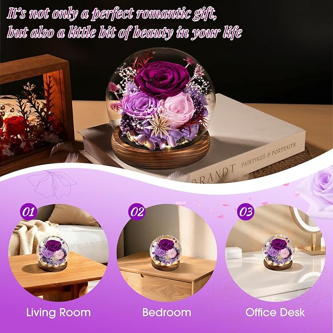 FIACO Mothers Day Flowers Gifts for Mom Flowers for Delivery Prime Birthday Gifts for Women Grandma Gifts Forever Preserved Fresh Eternal Rose in Glass Dome for Girlfriend Wife Her
