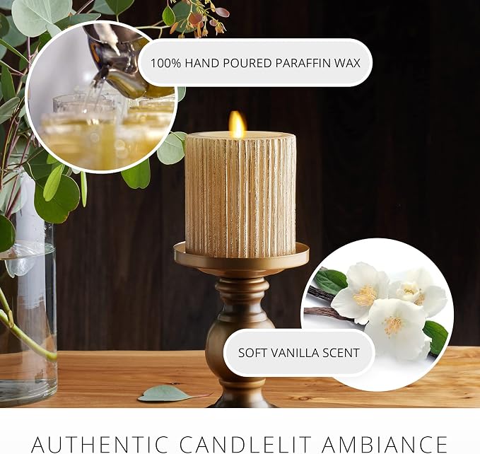 Luminara Metallic Embossed Pillar, Champagne Flameless LED Candle 3.25" x 4.5", Battery Operated Real Flame Technology w/Timer Function, Paraffin Wax