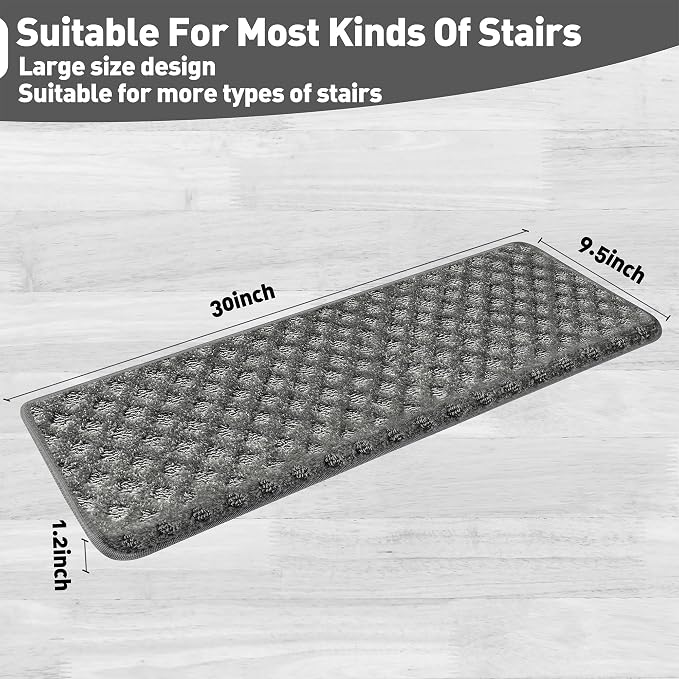 PURE ERA Bullnose Carpet Stair Treads Set Tape Free Non-Slip Indoor Stair Protectors Pet Friendly Rugs9.5" x 30"(14 Pieces,Grey Mini-Diamond Trellis)