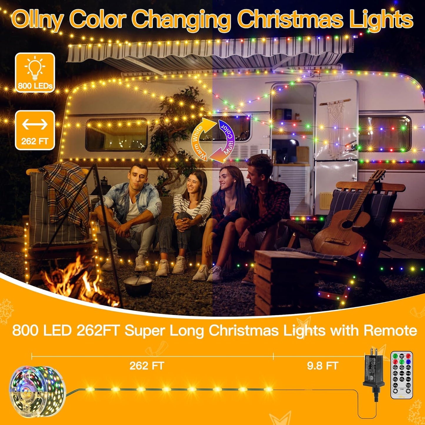 Ollny Christmas Lights 262 FT 800 LED IP67 Waterproof, Color Changing Christmas Lights Outdoor with Remote, 11 Modes Dimmable Timer Warm White to Multicolored Changeable String Lights for House Decor