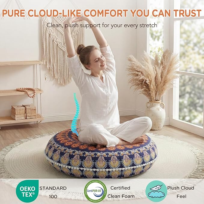 Codi Meditation Floor Pillows, Round Large Pillow Seating for Adults, Bohemian Mandala Circle Floor Cushion for Outdoor Fireplace Yoga Living Room, 32 Inch, Yellow Memory Foam Added