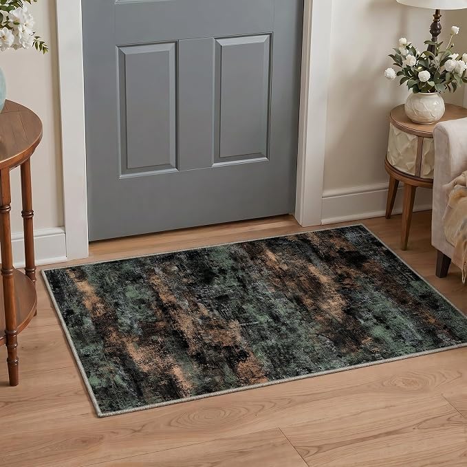 BEIMO 2X10 Runner Rug for Hallway Kitchen, Machine Washable Runners Rug for Entryway, Soft Modern Abstract Throw Rugs, Low Pile Floor Cover with Non Slip Backing, Black/Earthy Green