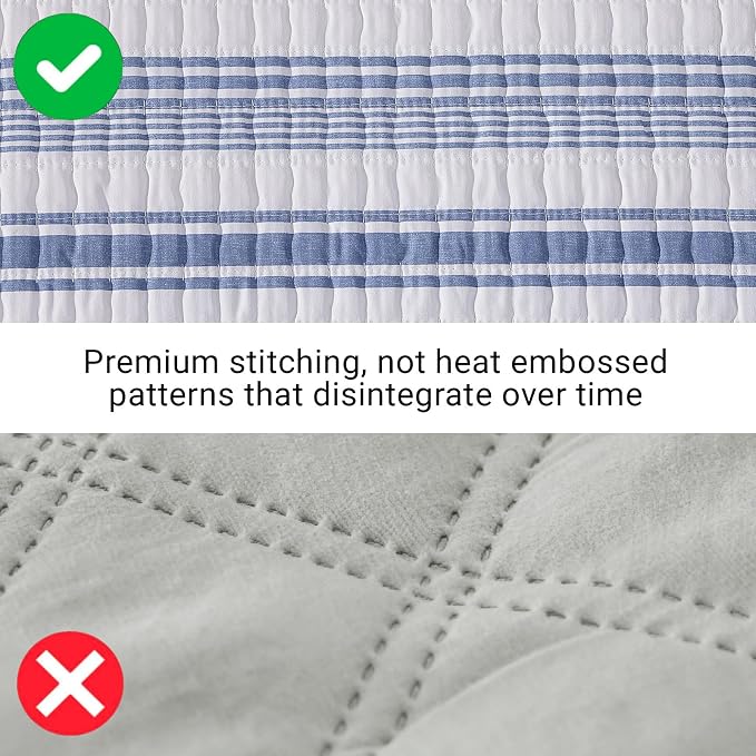 WRENSONGE Striped Queen Quilt-3 Pieces Lightweight Bedspread Blue White Quilt Queen Size Quilt Bedding Set for All Seasons, Soft Summer Reversible Nautical Coverlet with 2 Pillow Shams