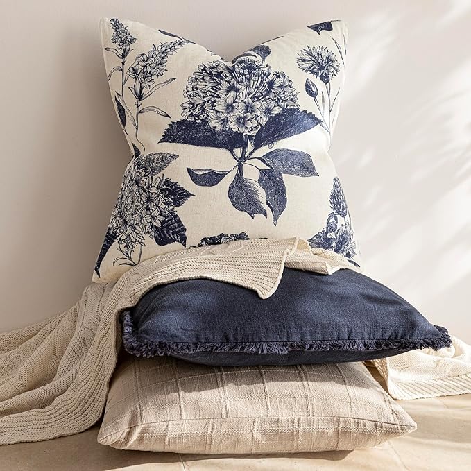 Foindtower Set of 2 Linen Floral Vintage Throw Pillow Covers Neutral Accent Print Decorative Cozy Cushion Covers Farmhouse Boho Home Decor for Sofa Chair Couch Bed Living Room,20×20 Inch,Navy Blue
