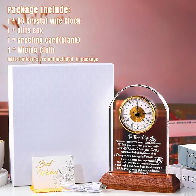 Gifts for Wife from Husband - Crystal Clock with Wooden Light Base, Christmas, Birthday, Wedding Anniversary Wife Gifts Ideas, to My Wife Plaque Presents for Valentine's Mother's Day