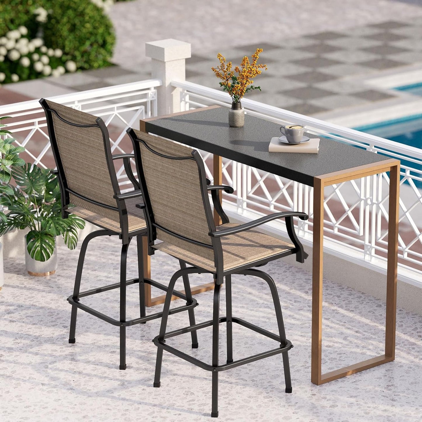 PHI VILLA 3 Piece Outdoor Bar Set, Bar Height Patio Table and Chairs with Brown Padded Textilene Fabric & Rustproof Metal Frame for Backyard, Balcony, Garden & Poolside
