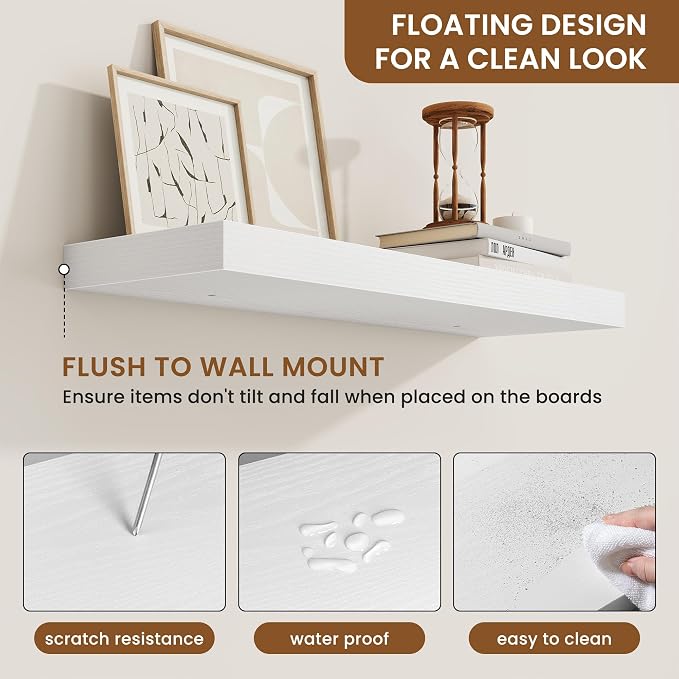 fuqing Floating Shelves for Wall, Wall Mounted Wood Floating Shelf with Invisible Brackets for Living Room, Bathroom, Bedroom, Kitchen Storage and Decor, 24 Inch Set of 2, White