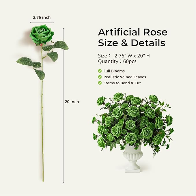 Auihiay 60PCS Green Roses Artificial Flowers, Fake Roses, Velvet Silk Green Flower, Natural-Looking Faux Blooms Ideal for Valentine's Day, St. Patrick's Day, DIY Floral Craft & Home Decoration