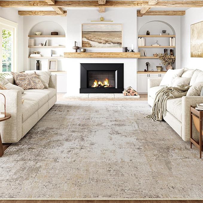 8x10 Washable Area Rug Beige Grey Abstract Non Slip Soft Low Pile Rug for Living Room Bedroom Dining Room Office Neutral Modern Indoor Large Throw Carpet for Home Decor