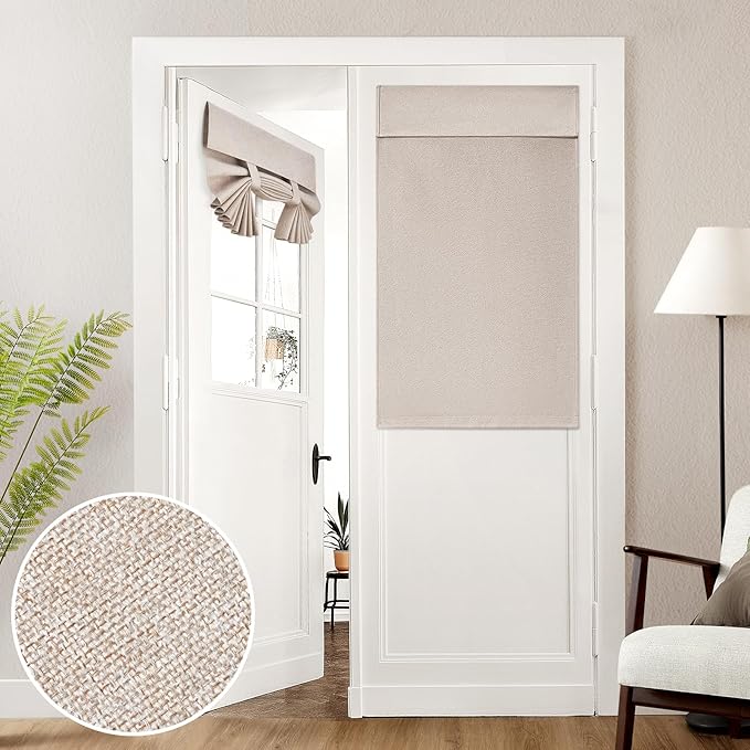 HOMEIDEAS 100% Linen Blackout French Door Curtains, Modern Farmhouse Privacy Door Window Curtains, 26 X 40 Inch Room Darkening Blinds, Shades for Bedroom Decor, 1 Panel, Natural