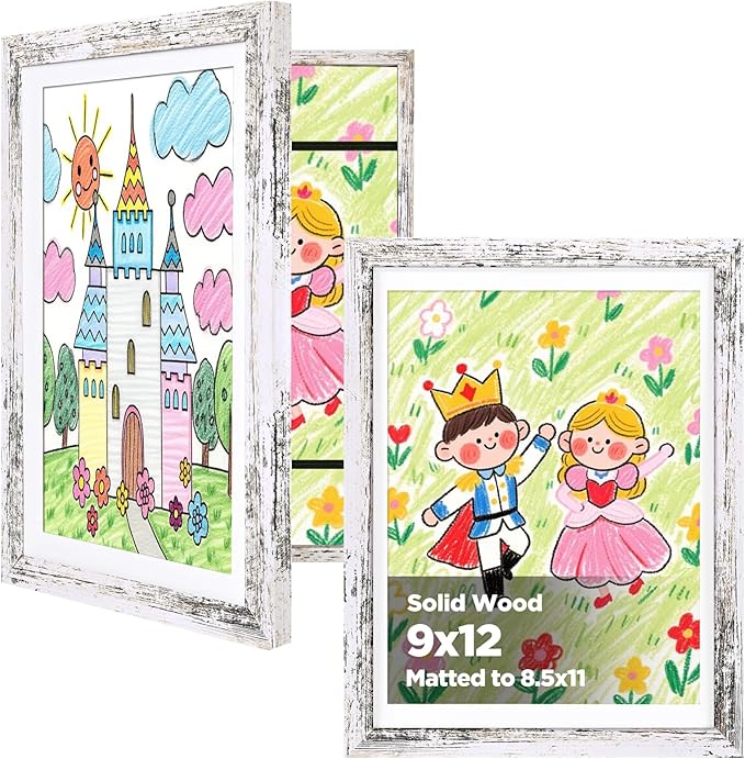 KINLINK 9x12 Kids Art Frame Set of 2, Solid Wood Kids Artwork Frames Changeable with Front Opening Hold 150 Pictures, Art Frames for Kids Art with Mat，without Mat 9x12 Picture Frame Rustic White
