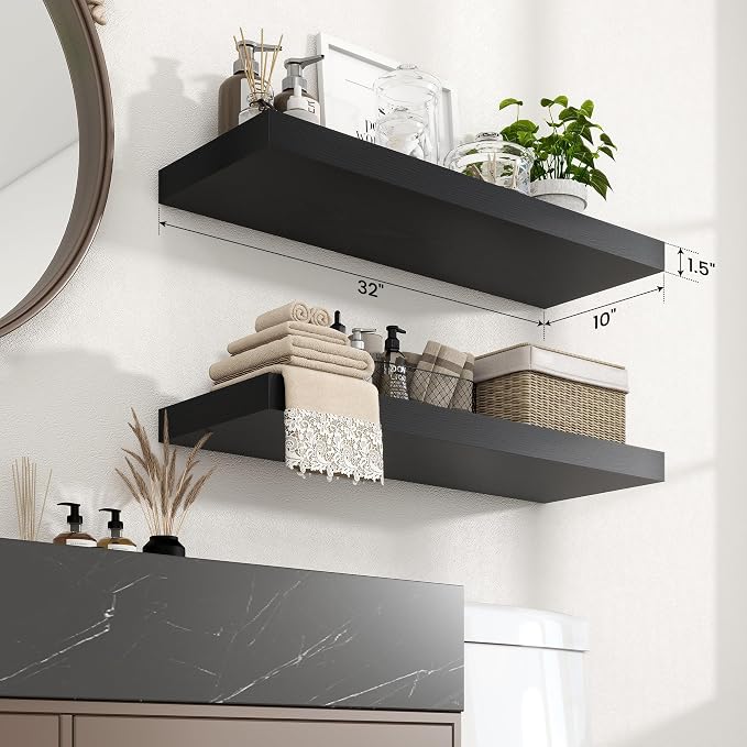 Axeman 32Inch Floating Shelves for Wall, 2 Pack Shelves for Bedroom, Bathroom, Kitchen, Hanging Wall Mounted Rustic Wood Shelf with Invisible Brackets for Books Decor, Black