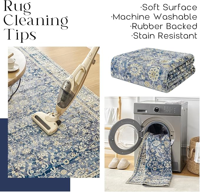BILEEHOME Vintage Blue Kitchen Rugs 2x3 Dark Blue Distressed Low Pile Area Rug for Entryway Bathroom Washable Non Slip Boho Retro Floral Carpet for Side of Bed Entry 2 x 3