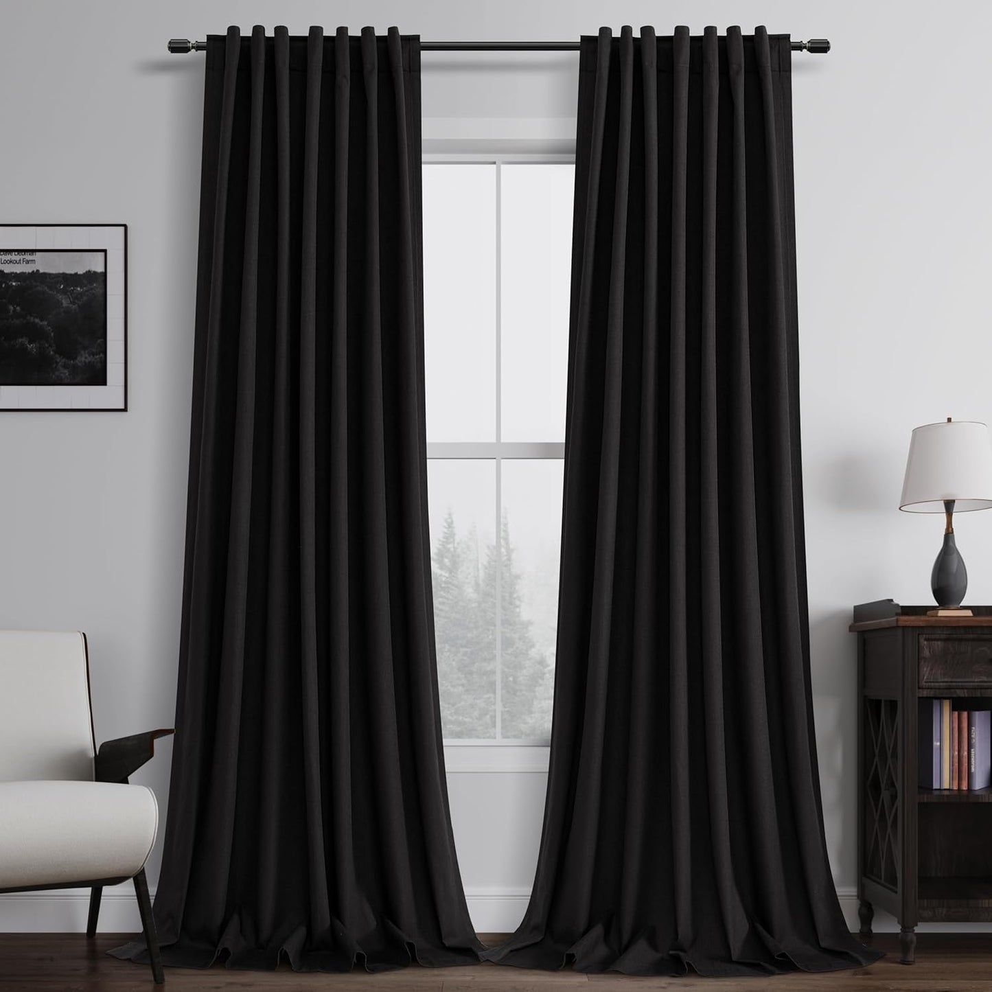 BOODII Full Blackout Curtains 90 Inches Long Room Darkening Curtain for Bedroom Sliding Door Thermal Insulated Black Out Curtains & Drapes Black Linen Curtain 2 Panels Set Back Tab 52x90