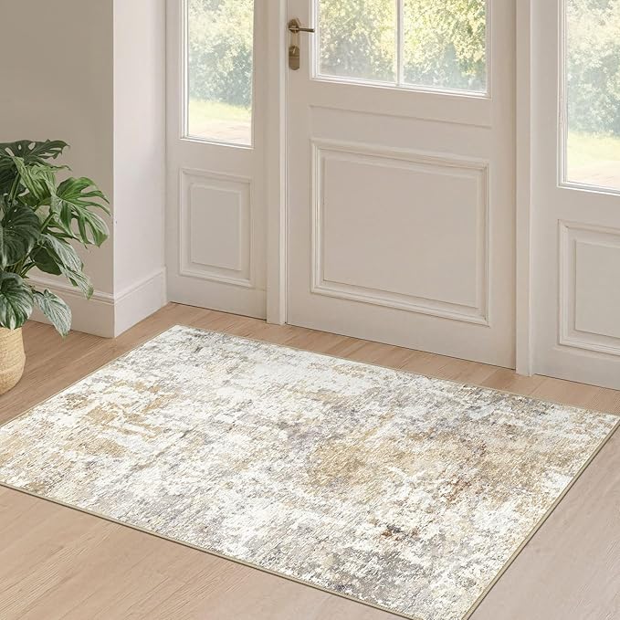 2x4 Rug Washable Runner Rug: Small Abstract Modern Non-Slip Soft Accent Doormat Stain Resistant Floor Throw Mat for Entryway Kitchen Bedroom Nursery Entry Dorm- Gray Gold