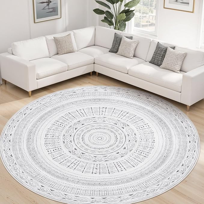 cotiled 8x8 Round Area Rug Living Room: Washable Boho Rugs with Non Slip Backing Large Soft Indoor Stain Resistant Carpet for Bedroom Farmhouse Dining Room Lightweight Home Decor Dark Grey
