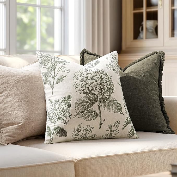 Set of 2 Decorative Floral Neutral Pillow Covers 22x22 Inch Light Green Hydrangea Print Spring Boho Vintage Throw Cushion Covers for Sofa Couch Porch Bedroom Living Room Summer Home Decor