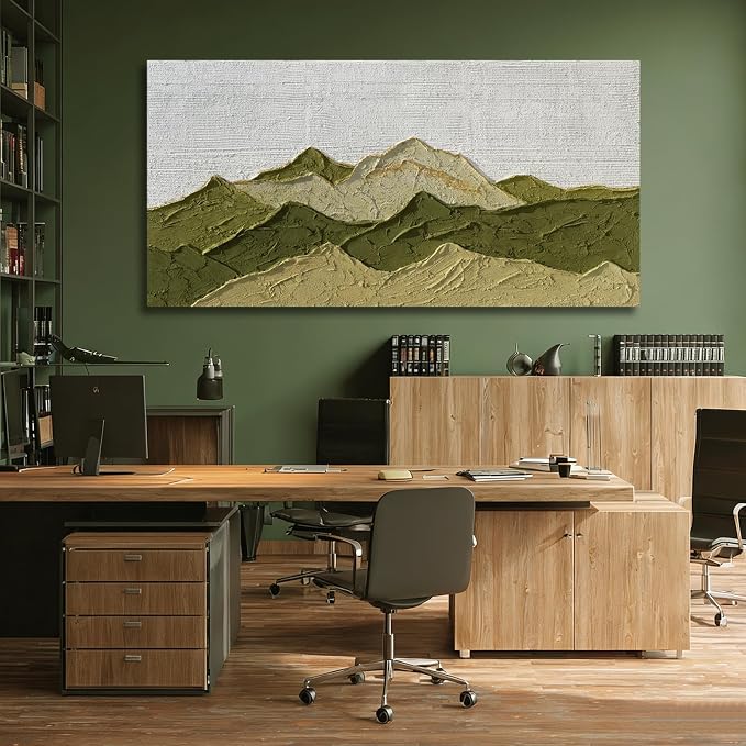 Dolidoteart Green Beige White Landscape Wall Art, Large Wall Art for Living Room, Hand Painted Mountain Oil Painting for Bedroom Office, Horizontal 29x58 Inch