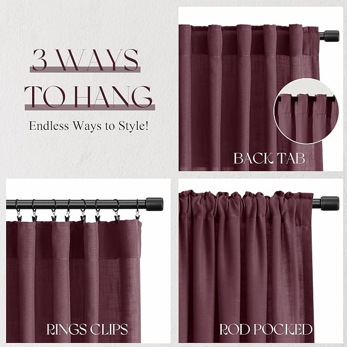 Jowels Burgundy Linen Curtains 84 Inch Long 2 Panels for Living Room | Light Filtering Semi Sheer Curtain, Back Tab Pocket Pleated Look, Boho Farmhouse Textured Privacy Drapes for Bedroom Window
