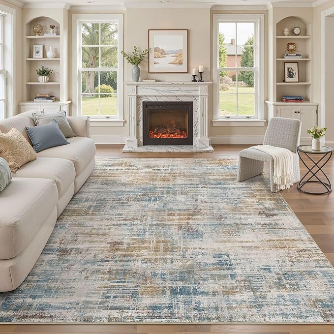 UERMEI 7x9 Area Rug for Living Room: Washable Modern Neutral Abstract Large Soft Low Pile Carpet Non-Slip Pet Kids Friendly Indoor Decor for Bedroom Dining Room Home Office Nursery Blue Brown