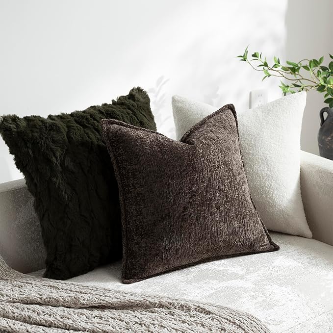 DEZENE Pack of 2 Chocolate Brown Euro Shams Pillow Covers 26x26 Cozy Soft Chenille Decorative Throw Pillow Covers Accent Vintage Square Couch Pillow Covers for Home Decor Bed Sofa Living Room