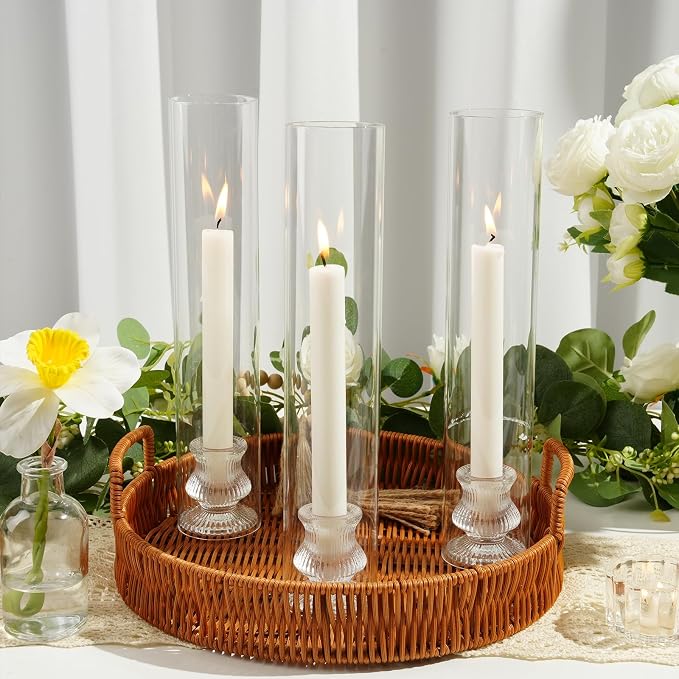 Hurricane Glass Candle Holders 10Pcs Fluted Candlestick Holders for Taper Candles with Cylinder Covers Crystal Candle Sticks Holder Decor for Wedding Birthday Christmas Table Decoration