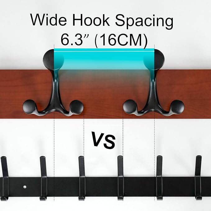 WEBI Coat Rack Wall Mount,30" Solid Wood Coat Hooks Wall Mounted Coat Hanger,16" Hole to Hole,Heavy Duty Hook Rack Rail,5 Triple Hooks for Hanging Coats,Jacket,Clothes,Hat,Backpack,Cherry