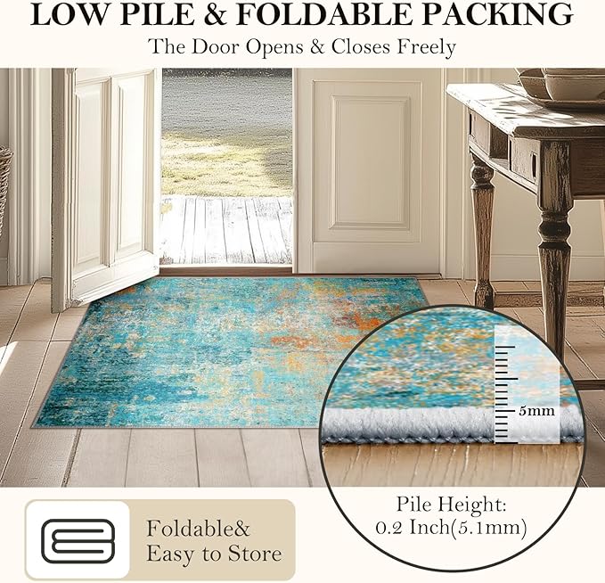 RELEANY Washable Area Rugs 5'x7' Non-Slip Modern Abstract Soft for Living Room Entryway Bedroom Nursery, Print Pattern, Teal Blue Green Orange Rust Red Coloreful