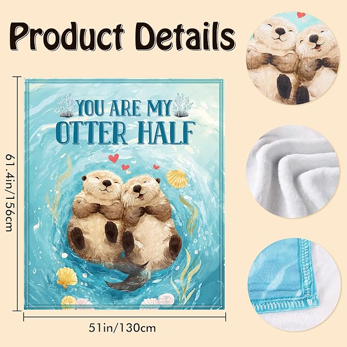 Otter Throw Blanket, Cute Otter Couple Love Design Soft Cozy Flannel Blanket, Valentines Day Anniversary Romantic Gift for Boyfriend Girlfriend Husband Wife (50" x 60")