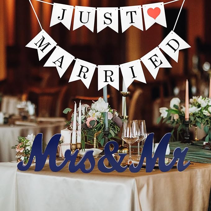 Mr Mrs Sign with Just Married Banner for Wedding Table, Mr and Mrs Wooden Letters, Mr. & Mrs. Wedding Decoration Items, Anniversary Party Vintage Decor (Navy blue W/banner)
