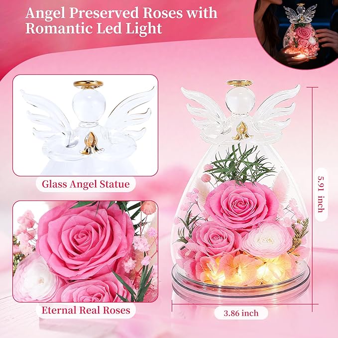 Gifts for Women Preserved Rose Forever Flower Eternal Roses in Glass Angel Figurines Fresh Flowers for Delivery Prime Mothers Day Birthday Gift for Mom Grandma Wife on Valentines Day Anniversary