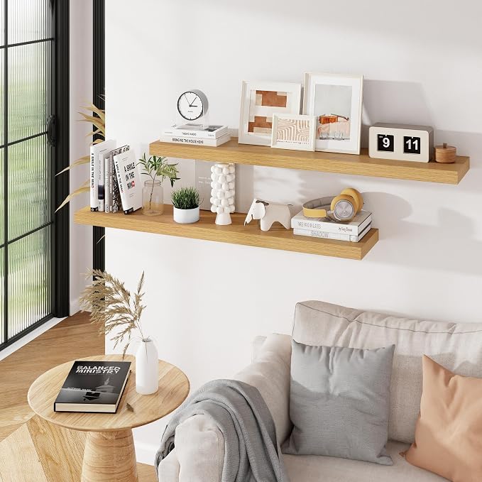 Floating Shelves for Wall, 48 inch Oak Floating Shelves 2 Packs, 9.3in Deep Wall Mounted Floating Shelf, Extra Long Storage Shelf for Living Room, Bathroom, Kitchen, Office, Floating TV Stand