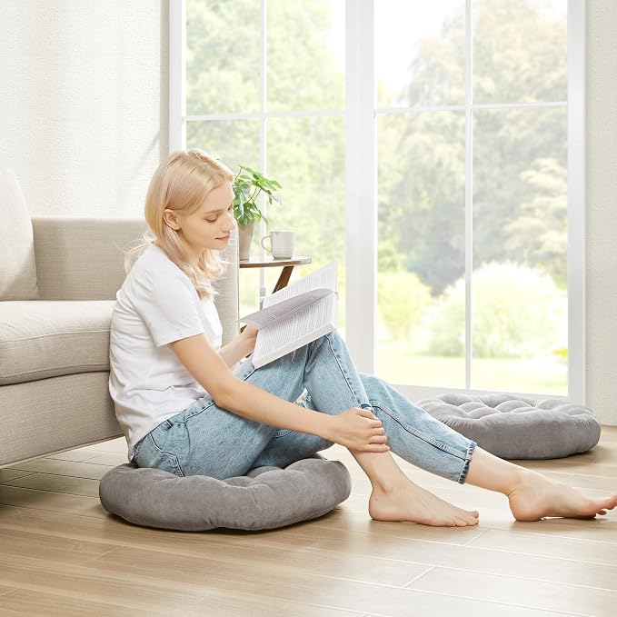 Degrees of Comfort Floor Cushion 6 Pack for Meditation, Home Office & Yoga Studio – Corduroy Soft Seating Set, 22 Inch, High-Density Foam, Round Shape, Grey
