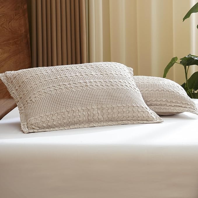 PHF 100% Cotton Ruffle Waffle Pillow Shams King Size, 2 Pack 20" x 36" Soft Skin-Friendly Pillowcases, No Filling, Aesthetic Home Decor, Breathable Waffle Weave Bed Pillow Covers, Oatmeal