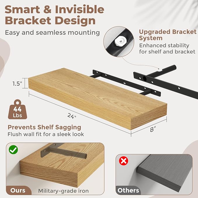 24 Inch Floating Shelves for Wall, 8"D Wood Storage Shelves, Oak Finish | Engineered Wood, Invisible Bracket, Large Storage, Easy Install, Hold Up to 44lbs, Living Room, Bathroom, Bedroom, Kitchen