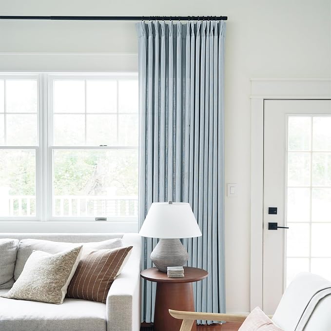 Greyish Blue Pinch Pleated Linen Curtains 72 Inch Length 2 Panels for Living Room Bedroom Textured Semi Sheer Drapes Pinch Pleat Rings Window Curtain 40x72