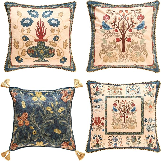 patdrea Designer French Velvet Throw Pillow Cover,Set of 4,-Herbert | Elegant Vintage Lumbar Pillow Case with Zipper,Floral Pattern,Decor Cushion Coverfor Couch Living Room Bedroom Sofa