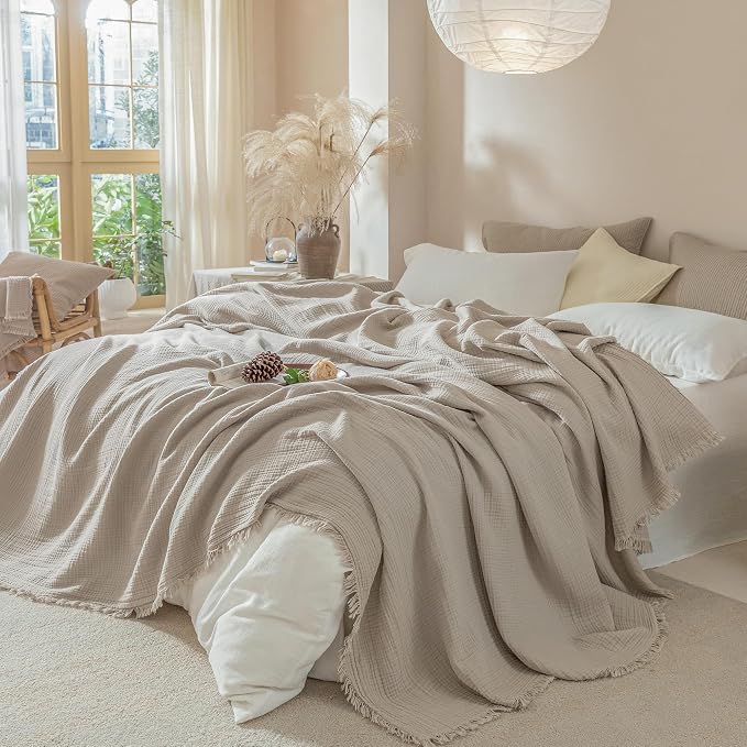 Muslin Fringe Blankets for Adults: 100% Cotton Cloud Soft | 4-Layer Gauze Breathable Lightweight All Season Throw Blanket for Bed Couch Sofa Office
