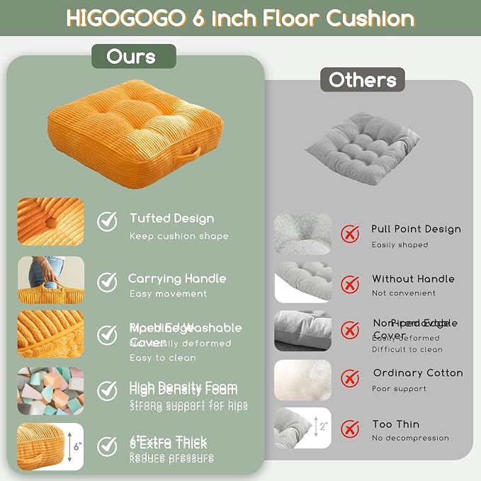 HIGOGOGO 6" Extra Thick Floor Pillow Cushion for Adults, Meditation Cushion Pillow, Large Square Floor Sitting, Tufted Corduroy Cover, for Tatami Living Room or Yoga, 22x22 Inch, Orange