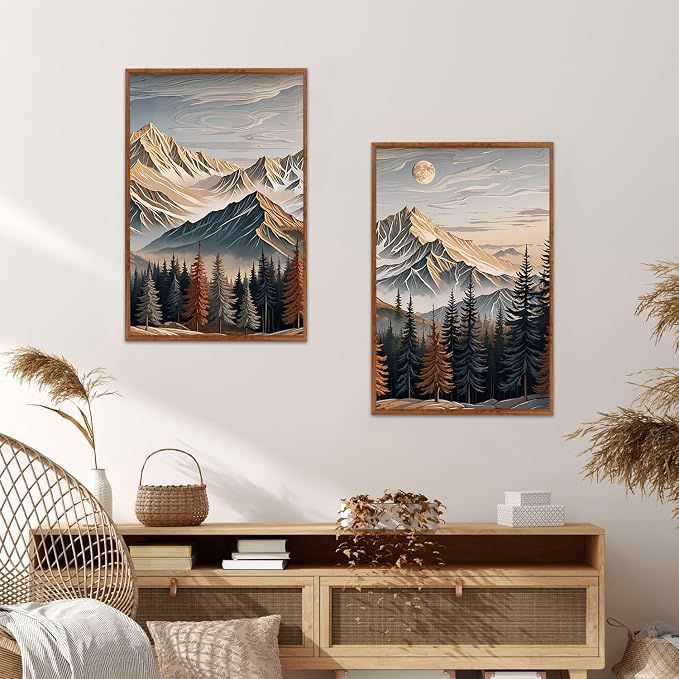 LHIUEM Vintage Landscape Wall Art,Large Wood Wall Art,Carved Wood Wall Decor,Earthy Landscape Canvas Art Prints,Big Snow Mountain Sunrise piciures,Birch Tree painting for Home Office -16"x24"x3