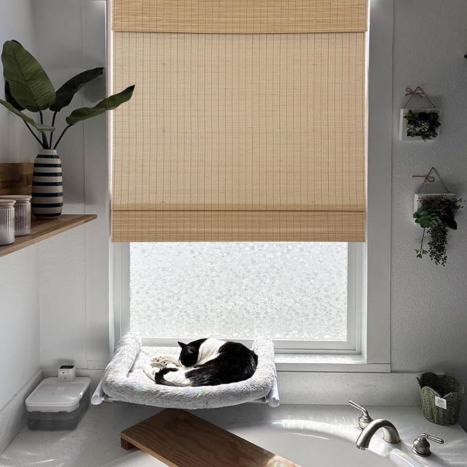 Cordless Bamboo Roman Shades with Beige Blackout Liner, Woven Wood Roman Blinds, Blackout Natural Blinds for Windows, Doors, Thrush, 32" W x 48" H