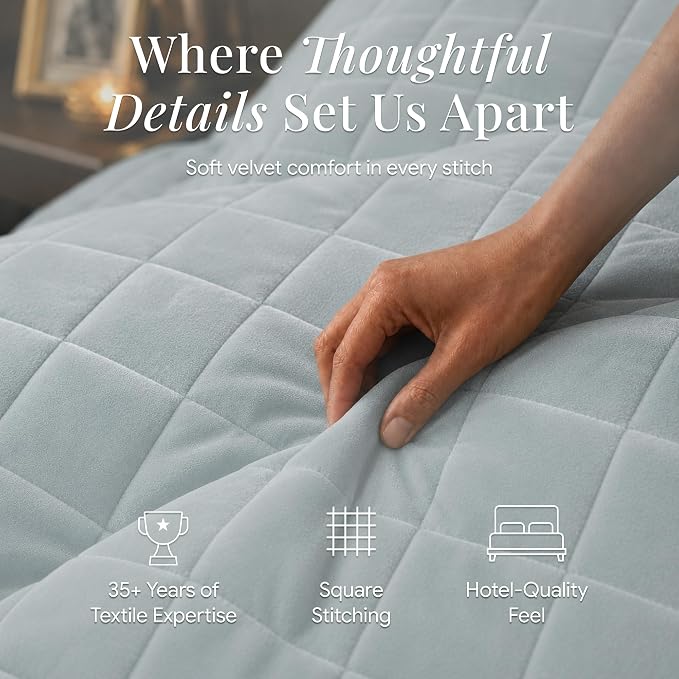 Tribeca Living Luxury Velvet Quilt King Size Set - 260GSM Ultra-Soft Oversized Velvet Bedspread Comforter Set with 2 Shams, in Florence Haze Blue