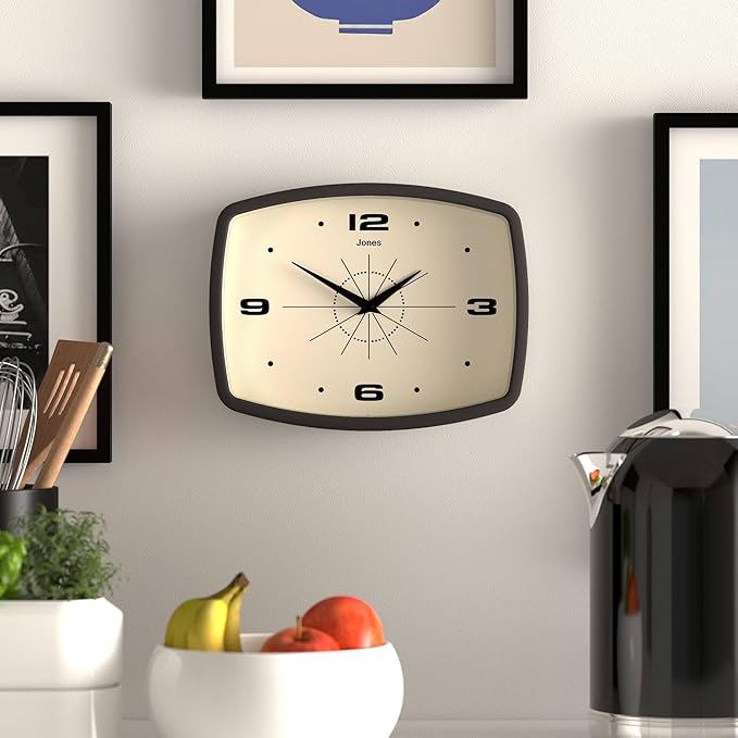 JONES CLOCKS® Movie wall Clock | Retro Rectangular Clock | 10 inch | Mocha Brown | Cool mid-Century Designer Look for Kitchen, Living Room or Office