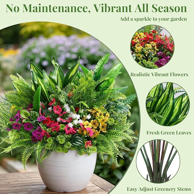 Alupssuc 48 Pcs Artificial Plants Flowers for Outdoors, Realistic Faux UV Resistant Greenery & Silk Flowers,Fake Plastic Shrubs Stems No Fade for Indoor Outside Garden Patio Spring Planter Home Decor