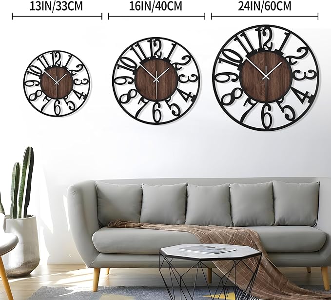 LEIKE Large Wall Clocks,Silent,Non Ticking,Battery Operated Rustic Round Modern Big Wood Wall Clock for Living Room, Bedroom,Kitchen,Farmhouse,Office,Home Decor-16 Inch(Black-Arabic Number)