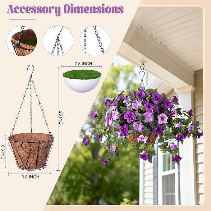 Artificial Petunia Flowers with Hanging Basket for Outdoors, 3 Pcs Fake Hanging Flowers UV Resistant Faux Silk Plants in Basket for Garden Porch Yard Patio Realistic Home Spring Decor(Double Purple)